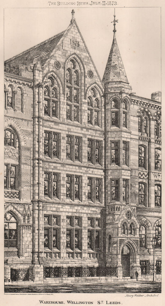 Warehouse, Wellington St. Leeds; Henry Walker, Architect. Yorkshire 1873 print